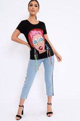Black Crew Neck Girls Face T Shirt with Tassels - Lenna-Tops