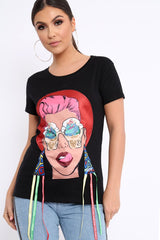 Black Crew Neck Girls Face T Shirt with Tassels - Lenna-Tops