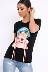 Black Crew Neck Girls Face T-shirt with Tassels - Leacy-Tops