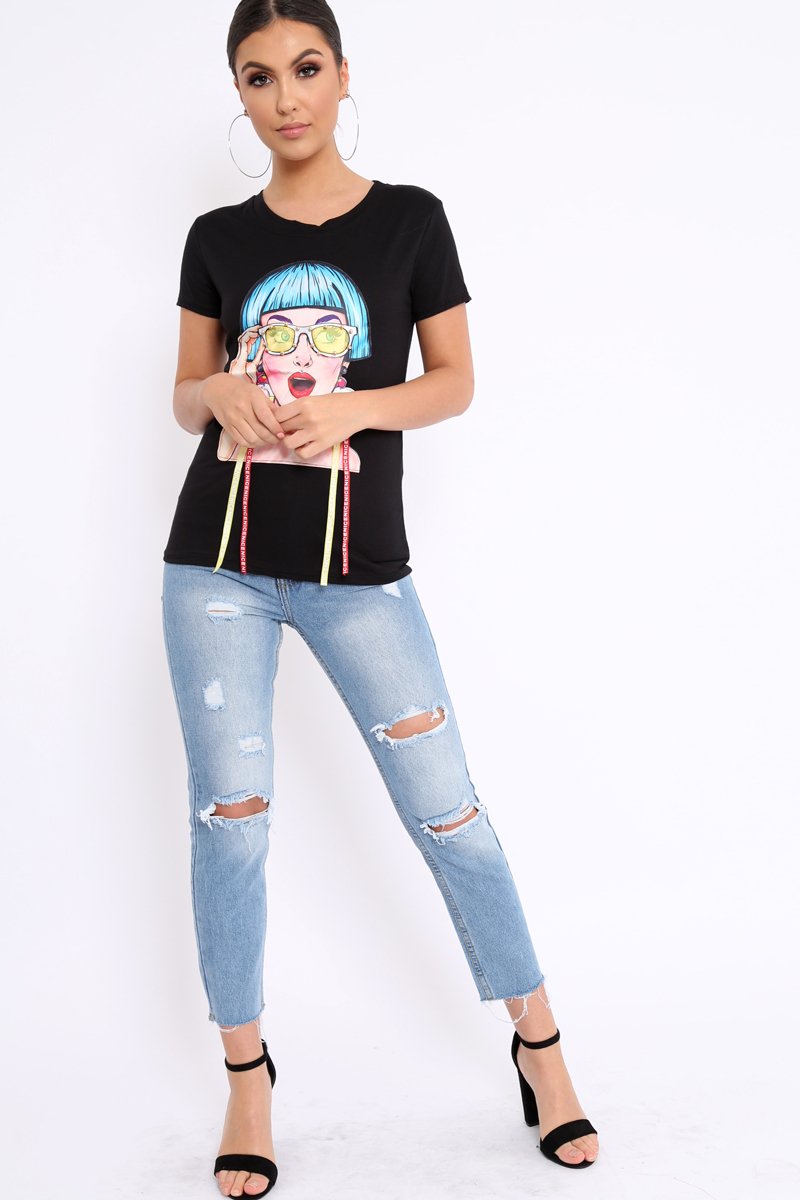 Black Crew Neck Girls Face T-shirt with Tassels - Leacy-Tops