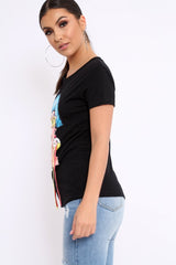 Black Crew Neck Girls Face T-shirt with Tassels - Leacy-Tops