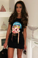 Black Crew Neck Girls Face T-shirt with Tassels - Leacy-Tops