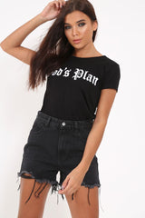 Black Crew Neck Gods Plan Slogan T-Shirt - Lawren-Tops