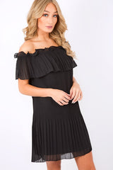 Black Crinkle Bardot Ruffle Trim Dress - Kelsey-Dresses