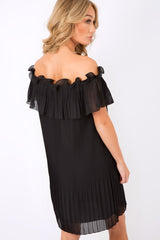 Black Crinkle Bardot Ruffle Trim Dress - Kelsey-Dresses