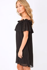 Black Crinkle Bardot Ruffle Trim Dress - Kelsey-Dresses