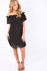Black Crinkle Bardot Ruffle Trim Dress - Kelsey-Dresses