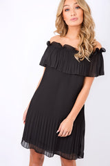 Black Crinkle Bardot Ruffle Trim Dress - Kelsey-Dresses