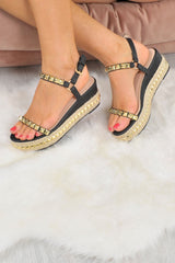 Black Crinkle PU Studded Wedge Sandals - Harriette-Sandals