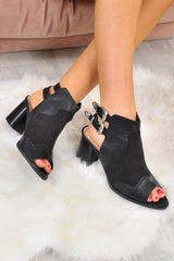 Black Crinkle PU and Faux Suede Western Block Heels - Triny-Boots