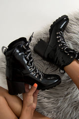 Black Crinkle Patent Cleated Sole Heeled Boots - Gwynn-Boots