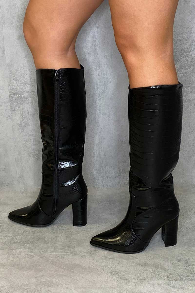 Black Croc Calf Heeled Boots - Parris-Boots