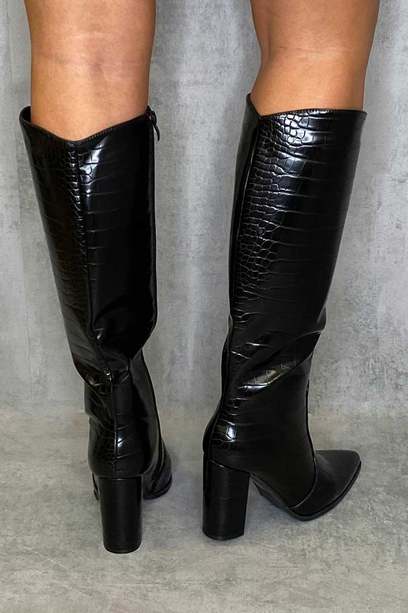 Black Croc Calf Heeled Boots - Parris-Boots