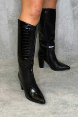 Black Croc Calf Heeled Boots - Parris-Boots