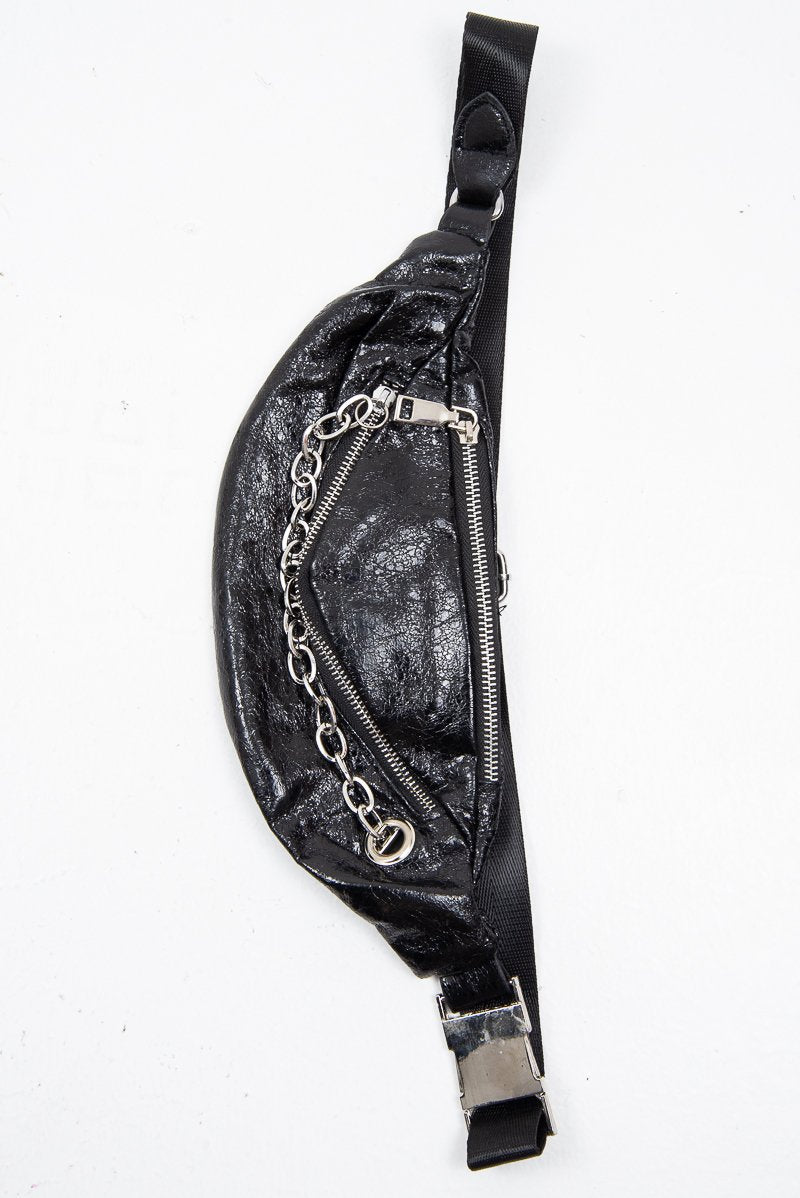 Black Croc Chunky Chain Detail Bum Bag - Nera-Bags