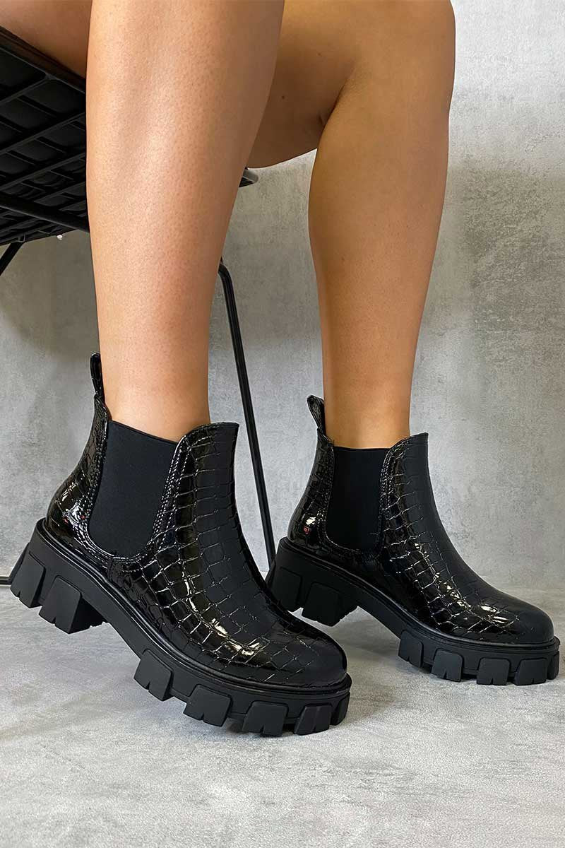 Black Croc Chunky Sole Chelsea Boot - Zamirah-Boots
