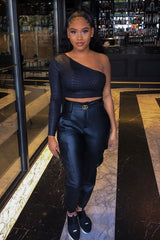 Black Croc Embossed One Sleeve Crop Top - Prim-Crop Tops