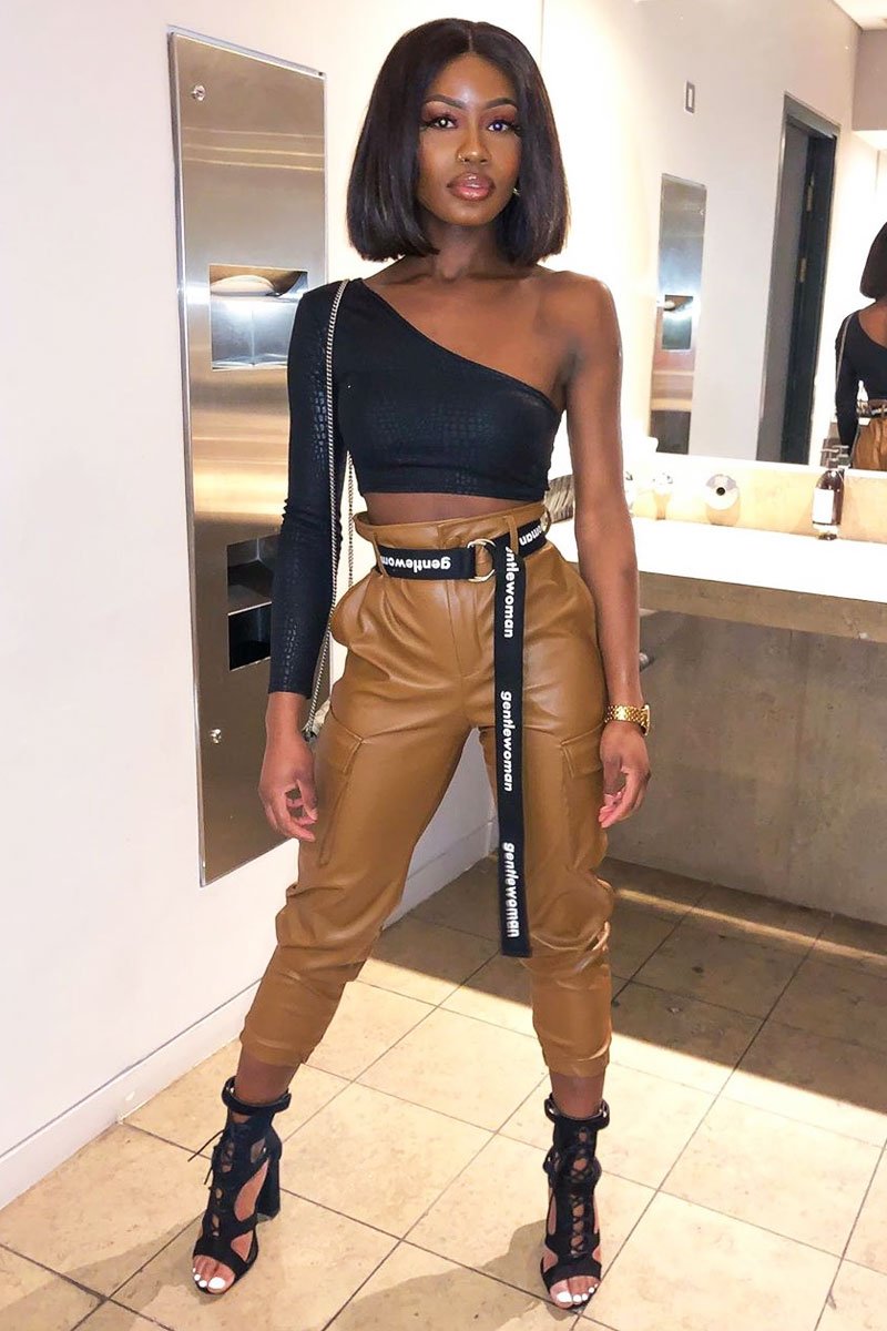 Black Croc Embossed One Sleeve Crop Top - Prim-Crop Tops