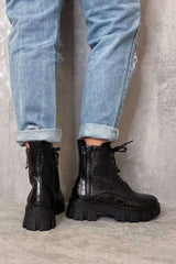 Black Croc Faux Leather Chunky Biker Boots - Vaila-Boots