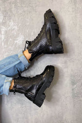 Black Croc Faux Leather Chunky Biker Boots - Vaila-Boots