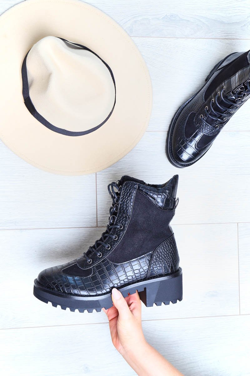 Black Croc Hiker Style Ankle Boots - Genevie-Boots