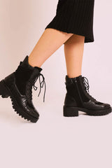 Black Croc Hiker Style Ankle Boots - Genevie-Boots