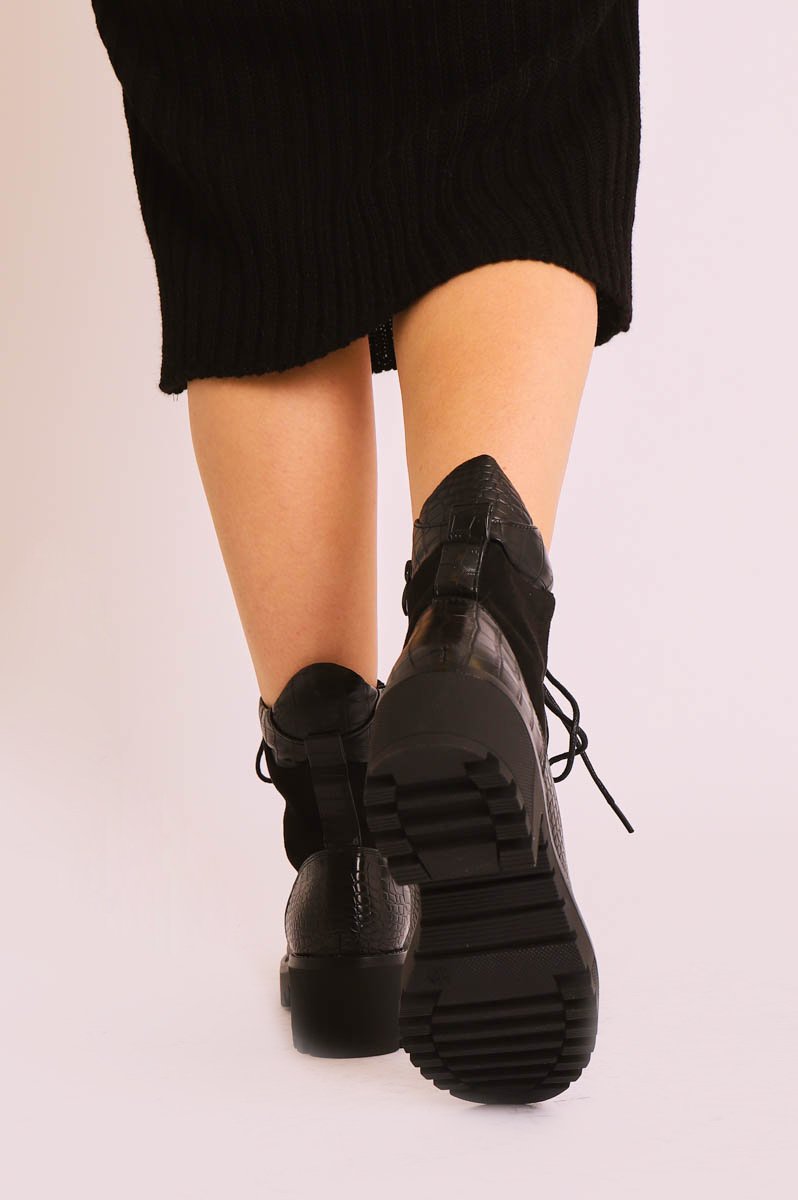 Black Croc Hiker Style Ankle Boots - Genevie-Boots