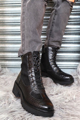Black Croc Hiker Style Ankle Boots - Genevie-Boots