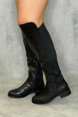 Black Croc Knee High Flat Boots - Reginna-Boots