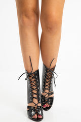 Black Croc Lace Up Stiletto Boots - Zen-Shoes