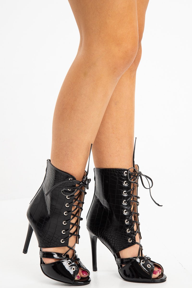 Black Croc Lace Up Stiletto Boots - Zen-Shoes