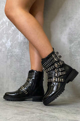 Black Croc Multi Buckle Ankle Boot - Whitley-Boots
