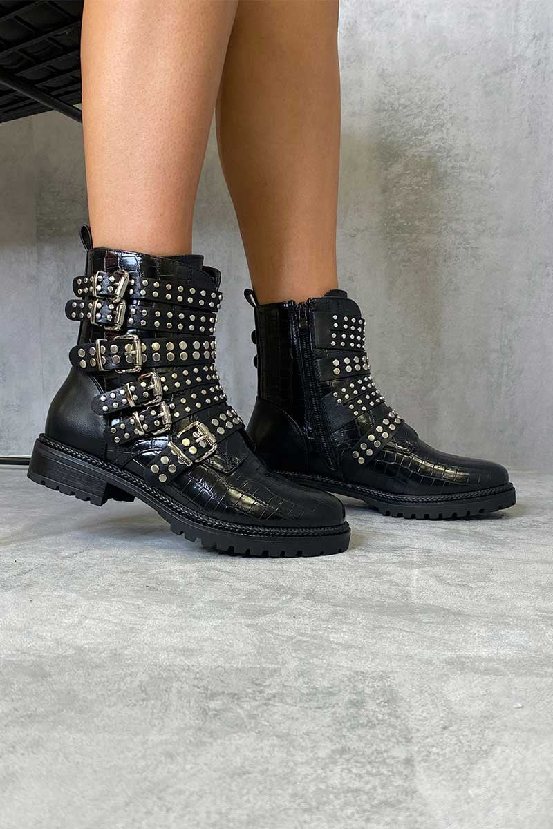 Black Croc Multi Buckle Ankle Boot - Whitley-Boots