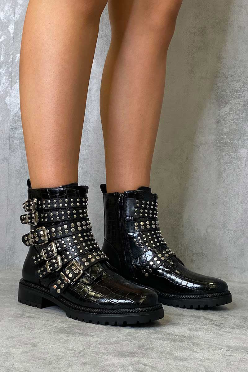 Black Croc Multi Buckle Ankle Boot - Whitley-Boots
