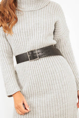 Black Croc Print Large Buckle Belt - Rosy-Belts