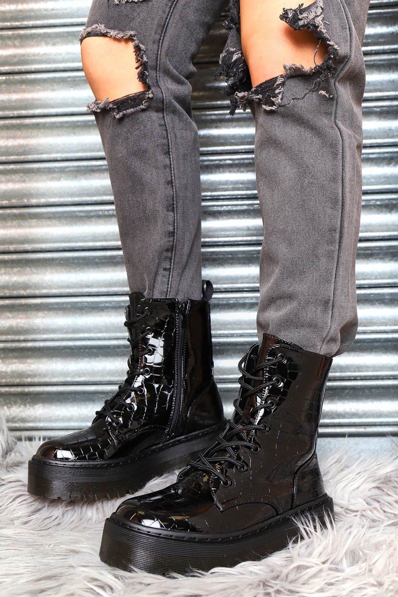 Black Croc Print Patent Leather Double Sole Boots - Dakoda-Boots