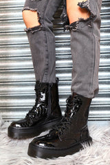 Black Croc Print Patent Leather Double Sole Boots - Dakoda-Boots