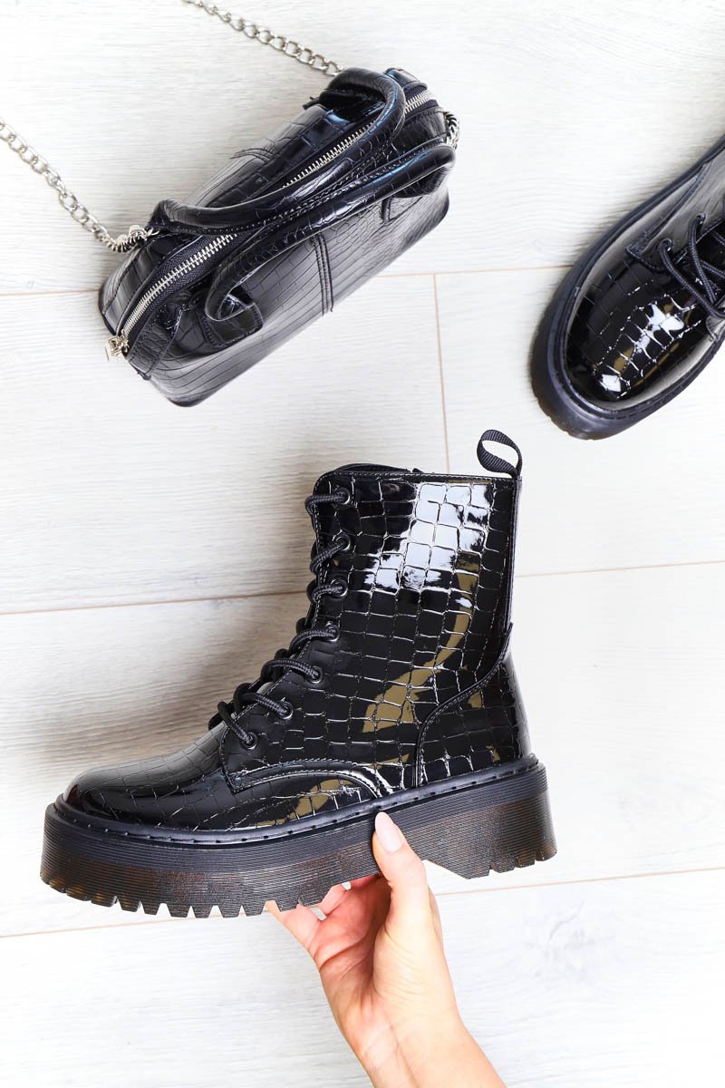 Black Croc Print Patent Leather Double Sole Boots - Dakoda-Boots