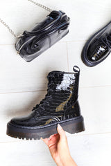 Black Croc Print Patent Leather Double Sole Boots - Dakoda-Boots