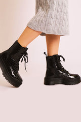 Black Croc Print Patent Leather Double Sole Boots - Dakoda-Boots