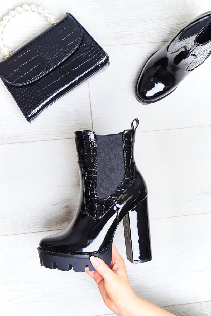 Black Croc Print Patent Platform High Heeled Boots - Nova-Boots