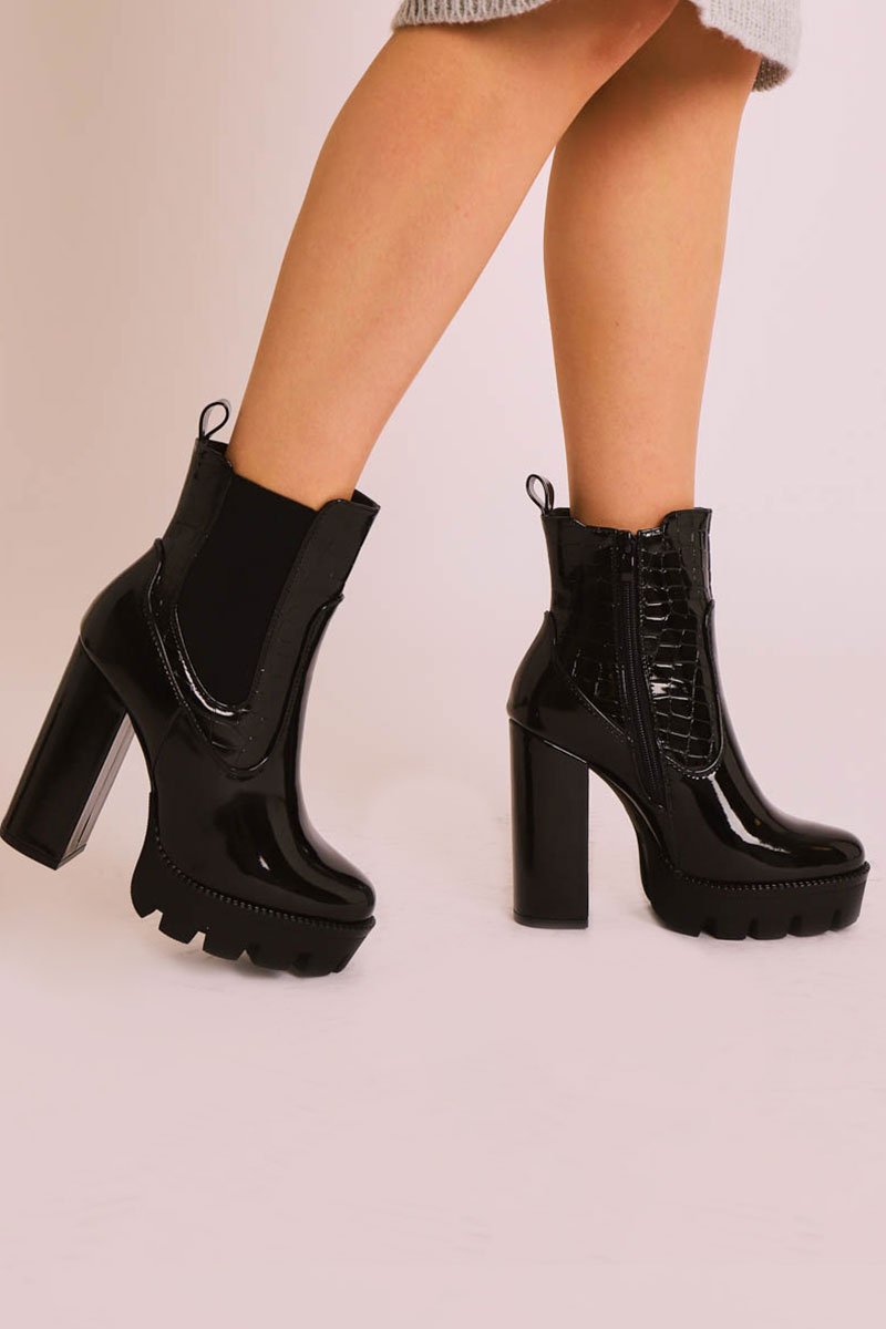 Black Croc Print Patent Platform High Heeled Boots - Nova-Boots