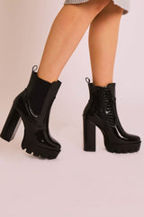 Black Croc Print Patent Platform High Heeled Boots - Nova-Boots