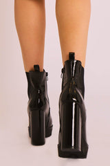 Black Croc Print Patent Platform High Heeled Boots - Nova-Boots