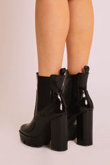 Black Croc Print Patent Platform High Heeled Boots - Nova-Boots