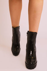Black Croc Print Patent Platform High Heeled Boots - Nova-Boots