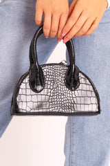 Black Croc Silver Chain Half Moon Bag - Mae-Bags