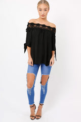 Black Crochet Bardot Top - Evelina-Tops