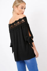 Black Crochet Bardot Top - Evelina-Tops