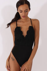 Black Crochet Cross Back Bodysuit - Crecia-Bodysuits